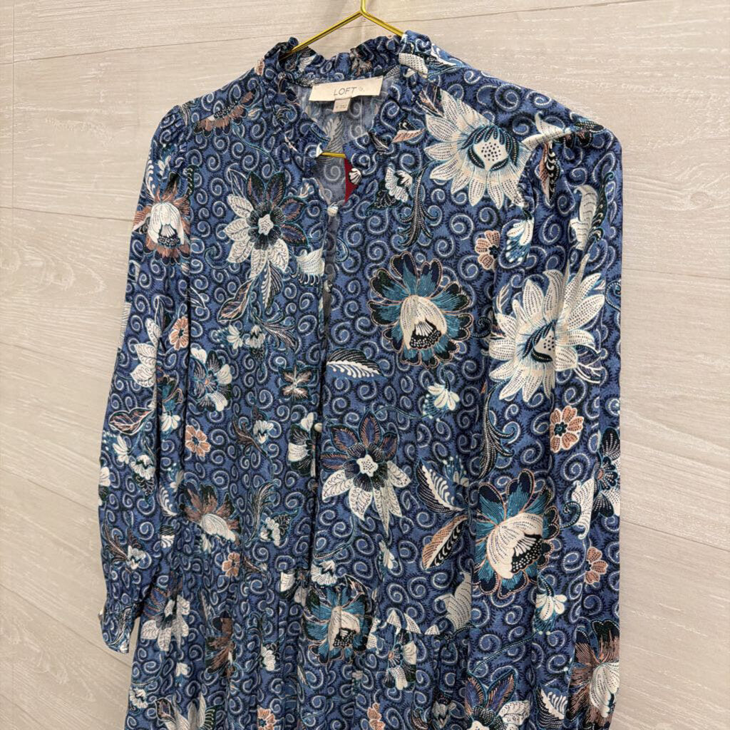 Loft Blue/ White Print Long Sleeve Button Front Dress Medium