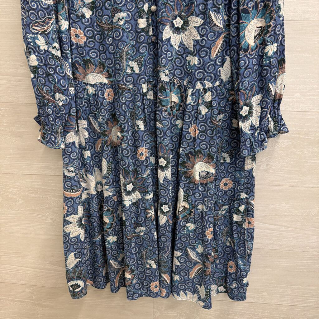 Loft Blue/ White Print Long Sleeve Button Front Dress Medium