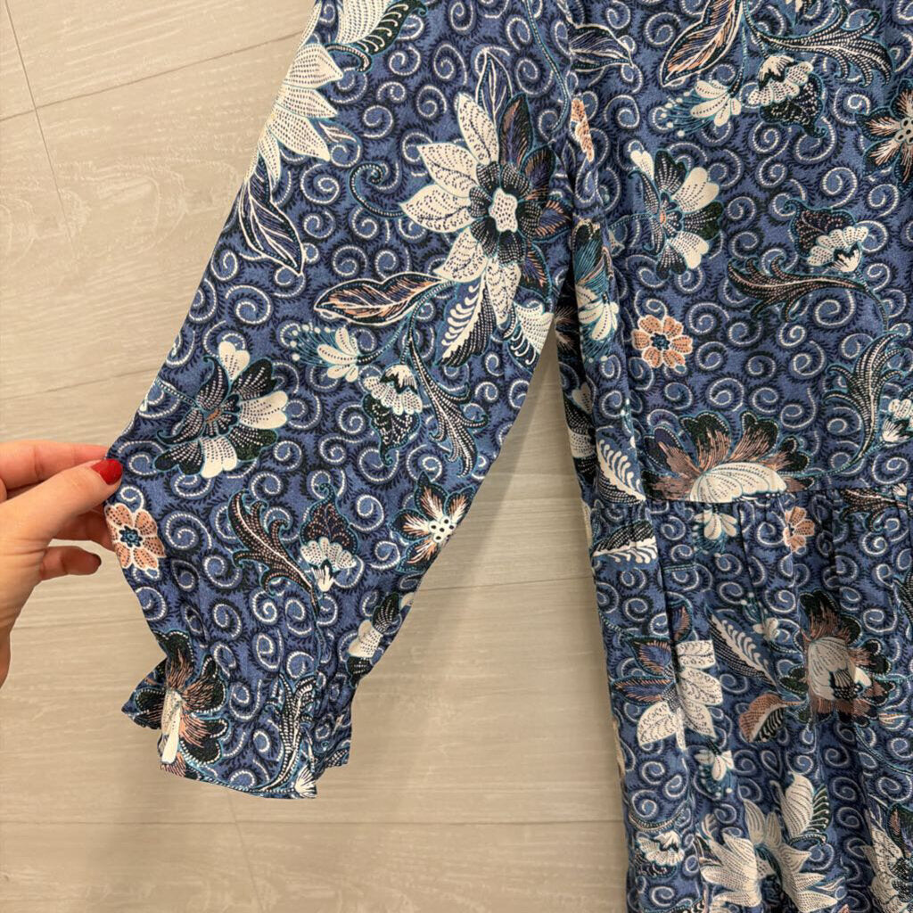 Loft Blue/ White Print Long Sleeve Button Front Dress Medium