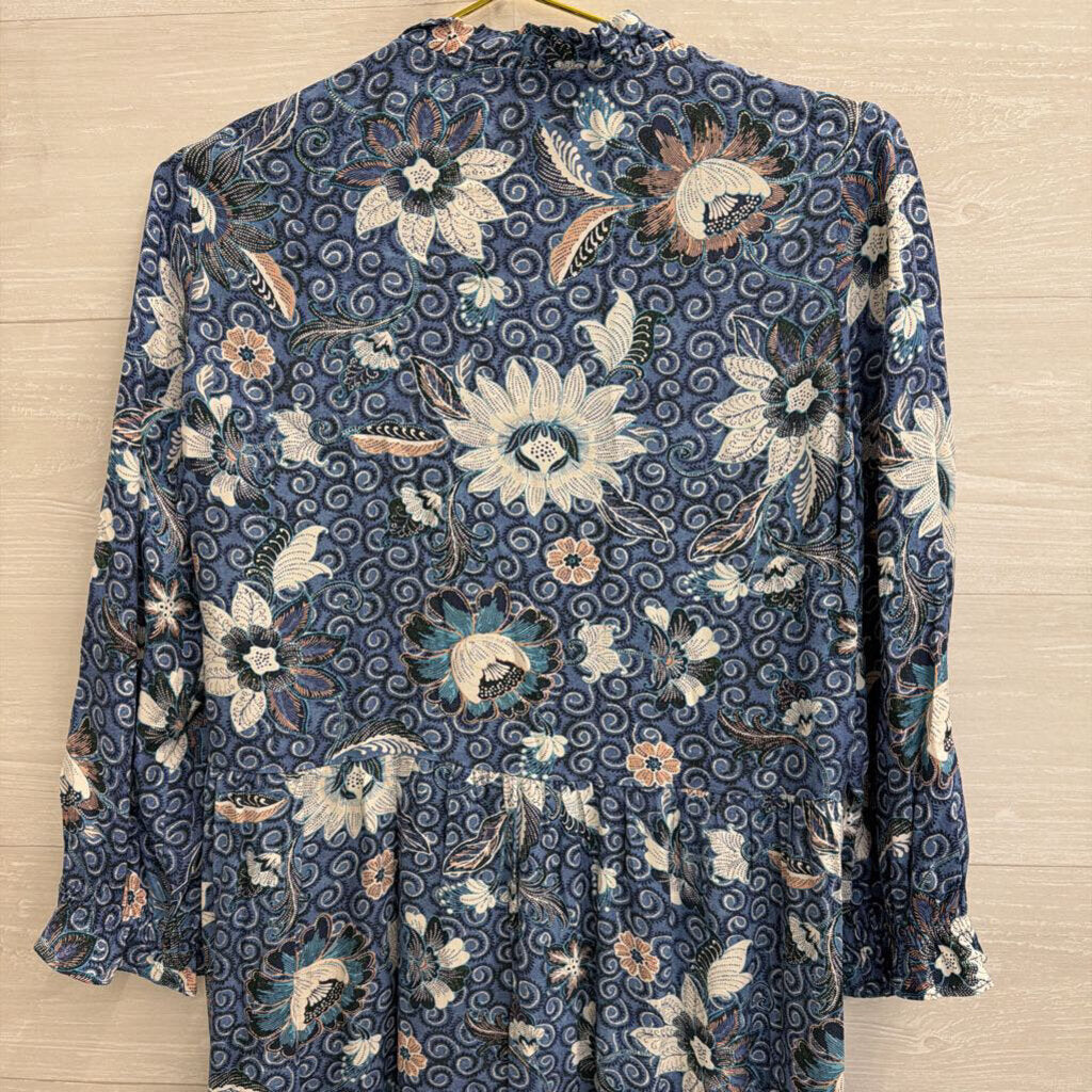 Loft Blue/ White Print Long Sleeve Button Front Dress Medium
