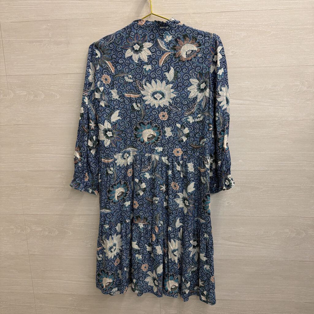 Loft Blue/ White Print Long Sleeve Button Front Dress Medium