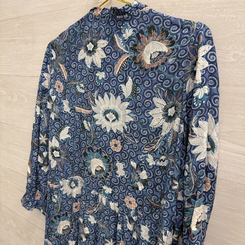 Loft Blue/ White Print Long Sleeve Button Front Dress Medium