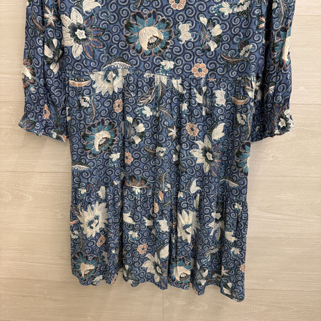 Loft Blue/ White Print Long Sleeve Button Front Dress Medium