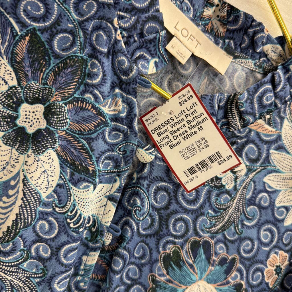 Loft Blue/ White Print Long Sleeve Button Front Dress Medium