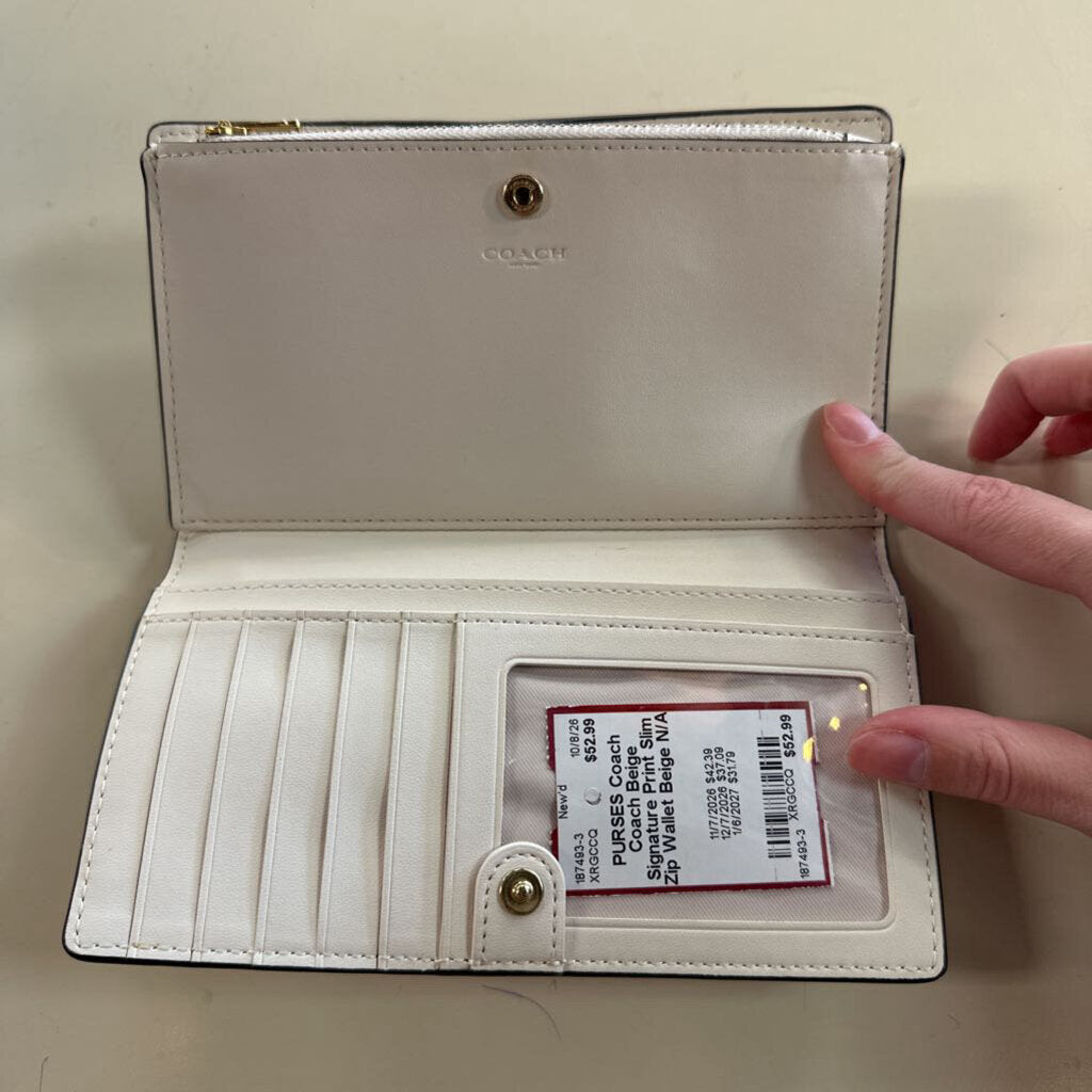 Coach Beige Signature Print Slim Zip Wallet