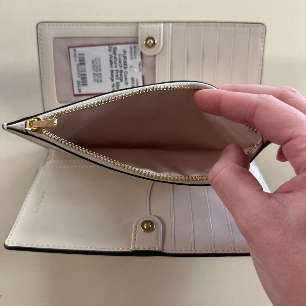Coach Beige Signature Print Slim Zip Wallet