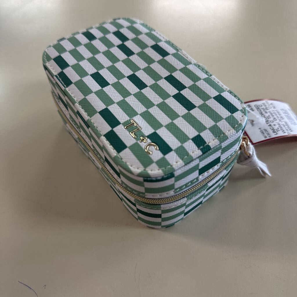 TL and C White/ Green Print Travel Jewelry Case