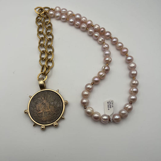 Pearl/ Gold Coin Long Statement Necklace
