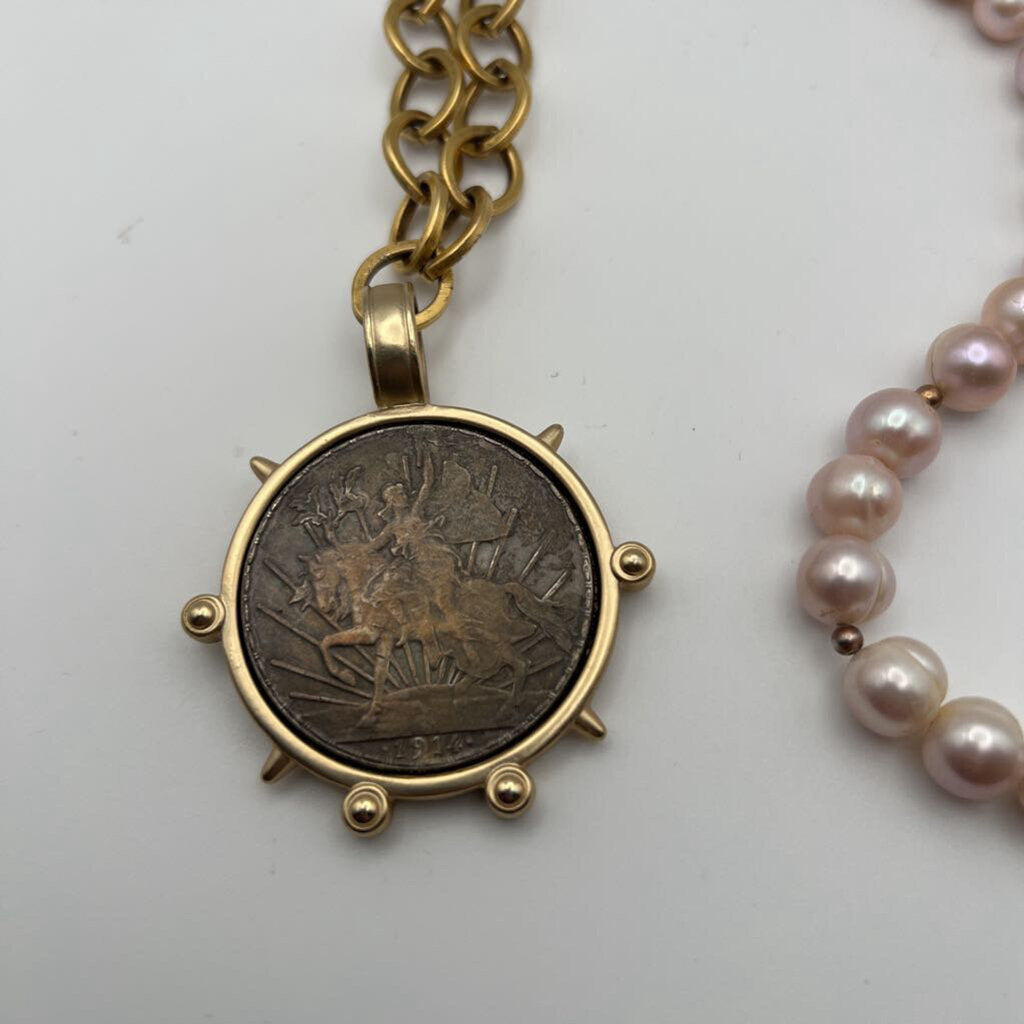 Pearl/ Gold Coin Long Statement Necklace