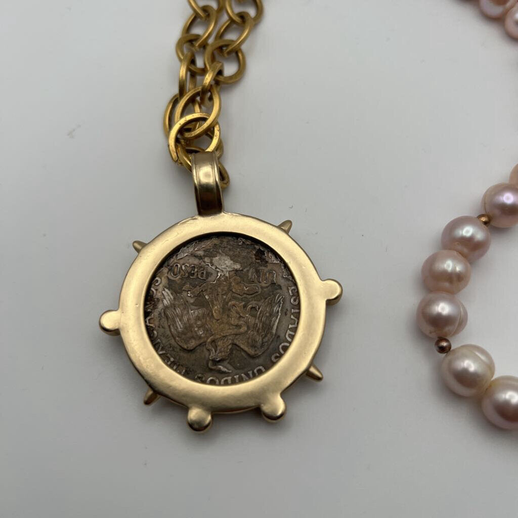 Pearl/ Gold Coin Long Statement Necklace
