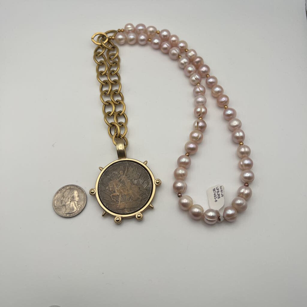 Pearl/ Gold Coin Long Statement Necklace