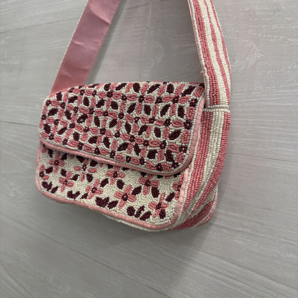 Pink Floral Beaded Shoulder Bag