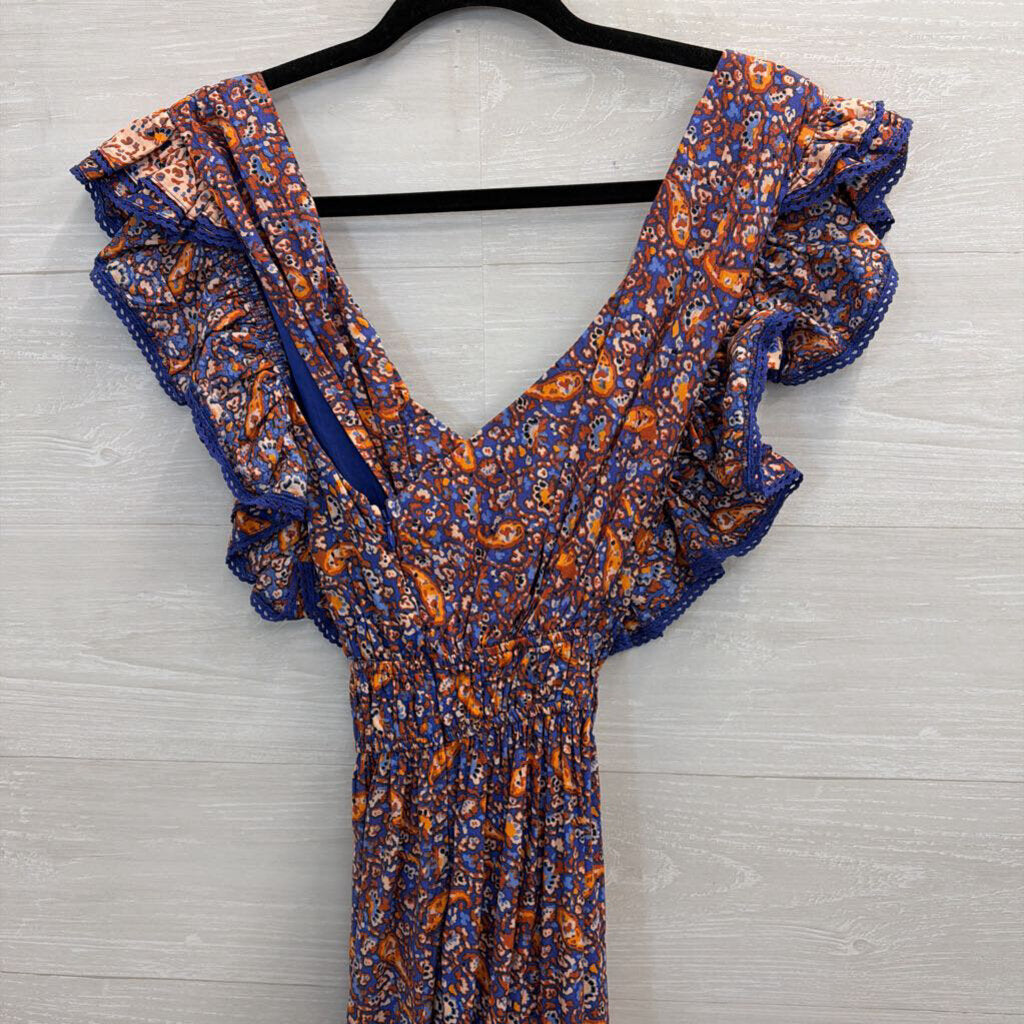 Blue and Orange Paisley Ruffle Dress 2