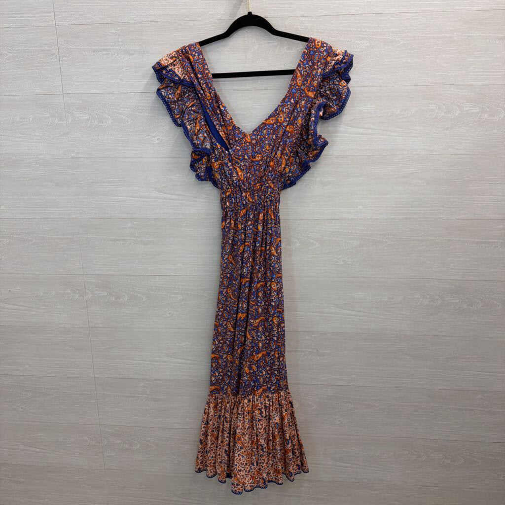 Blue and Orange Paisley Ruffle Dress 2