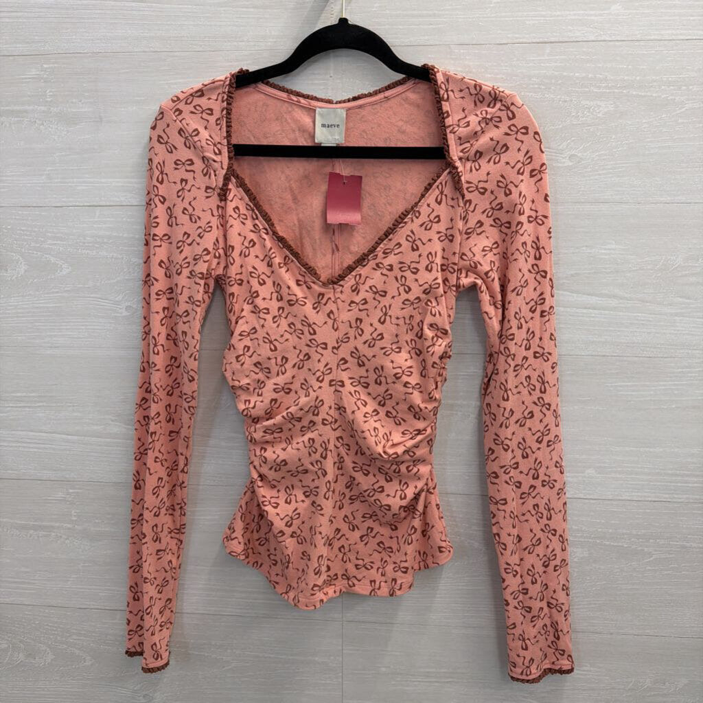 Maeve Long Sleeve Pink Bow Ruched V-Neck Medium