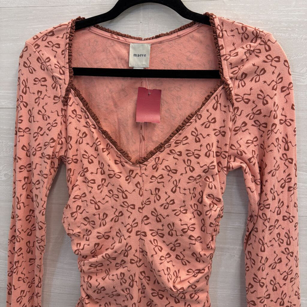 Maeve Long Sleeve Pink Bow Ruched V-Neck Medium
