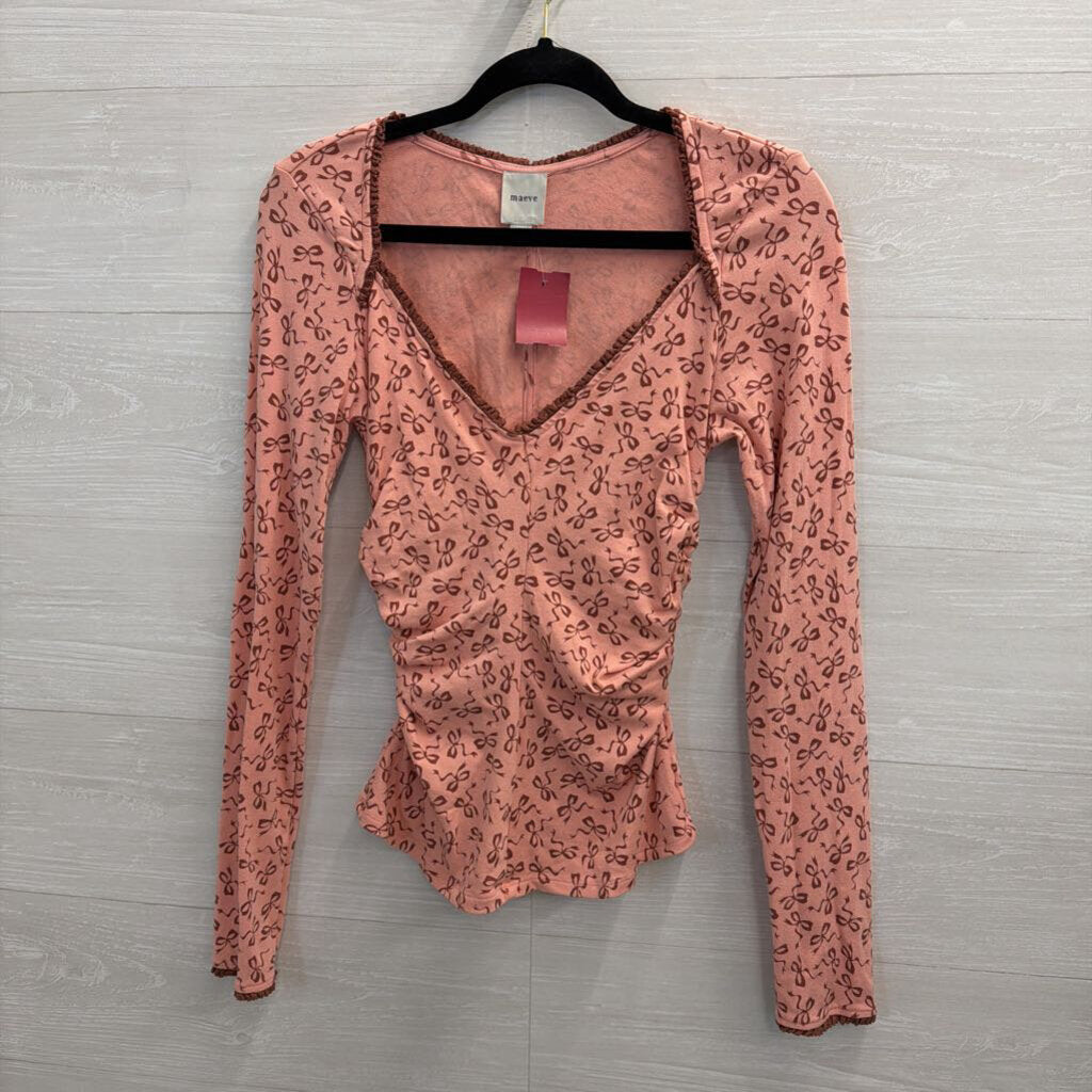 Maeve Long Sleeve Pink Bow Ruched V-Neck Medium