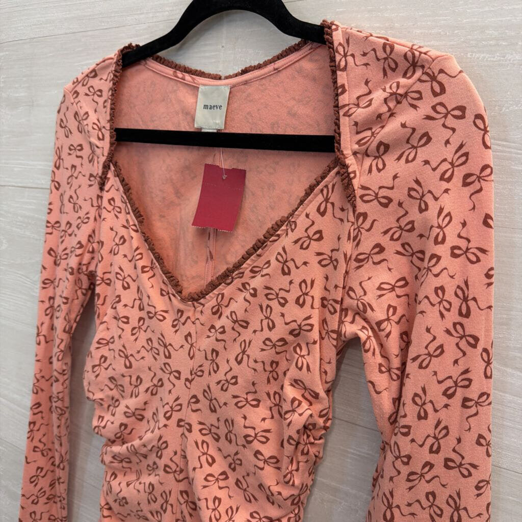 Maeve Long Sleeve Pink Bow Ruched V-Neck Medium