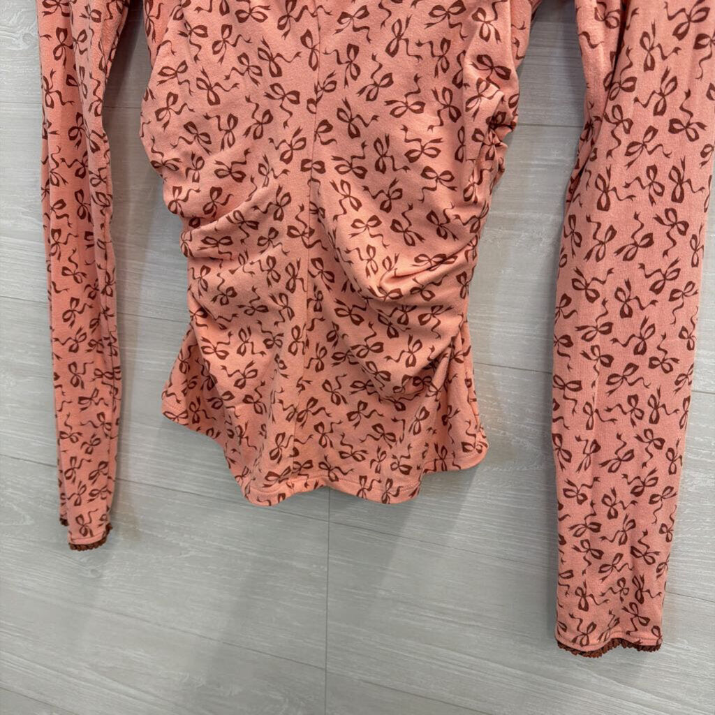 Maeve Long Sleeve Pink Bow Ruched V-Neck Medium