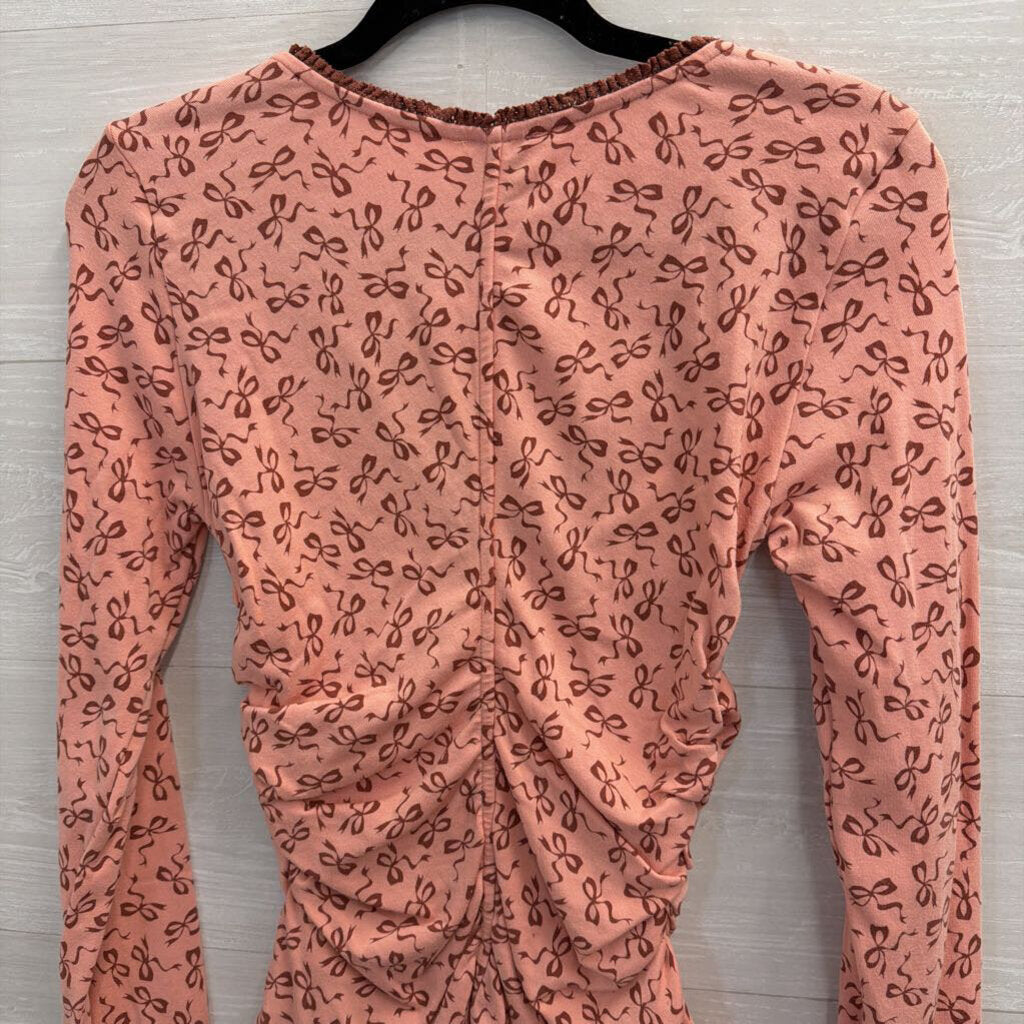 Maeve Long Sleeve Pink Bow Ruched V-Neck Medium
