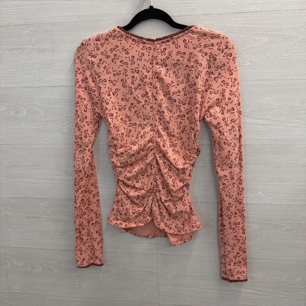 Maeve Long Sleeve Pink Bow Ruched V-Neck Medium
