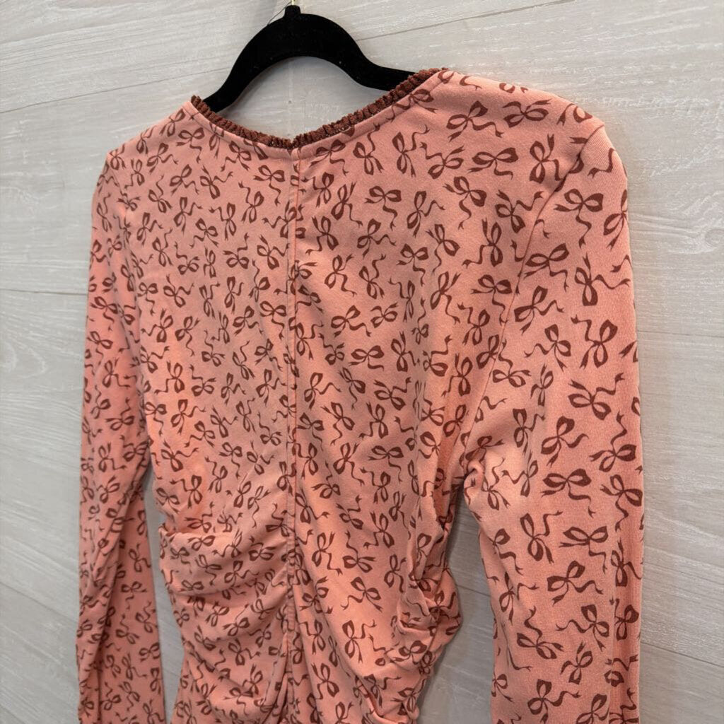 Maeve Long Sleeve Pink Bow Ruched V-Neck Medium