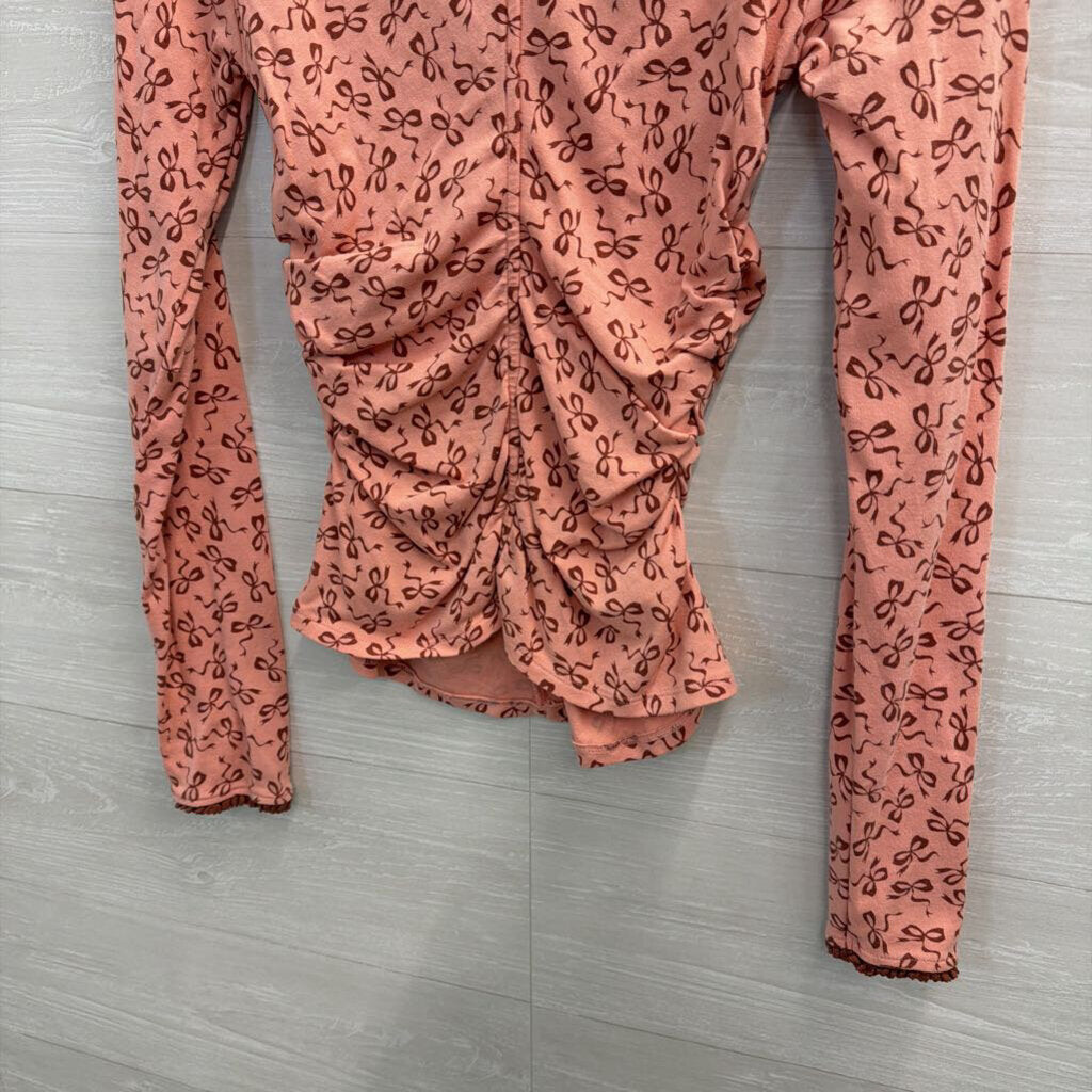 Maeve Long Sleeve Pink Bow Ruched V-Neck Medium