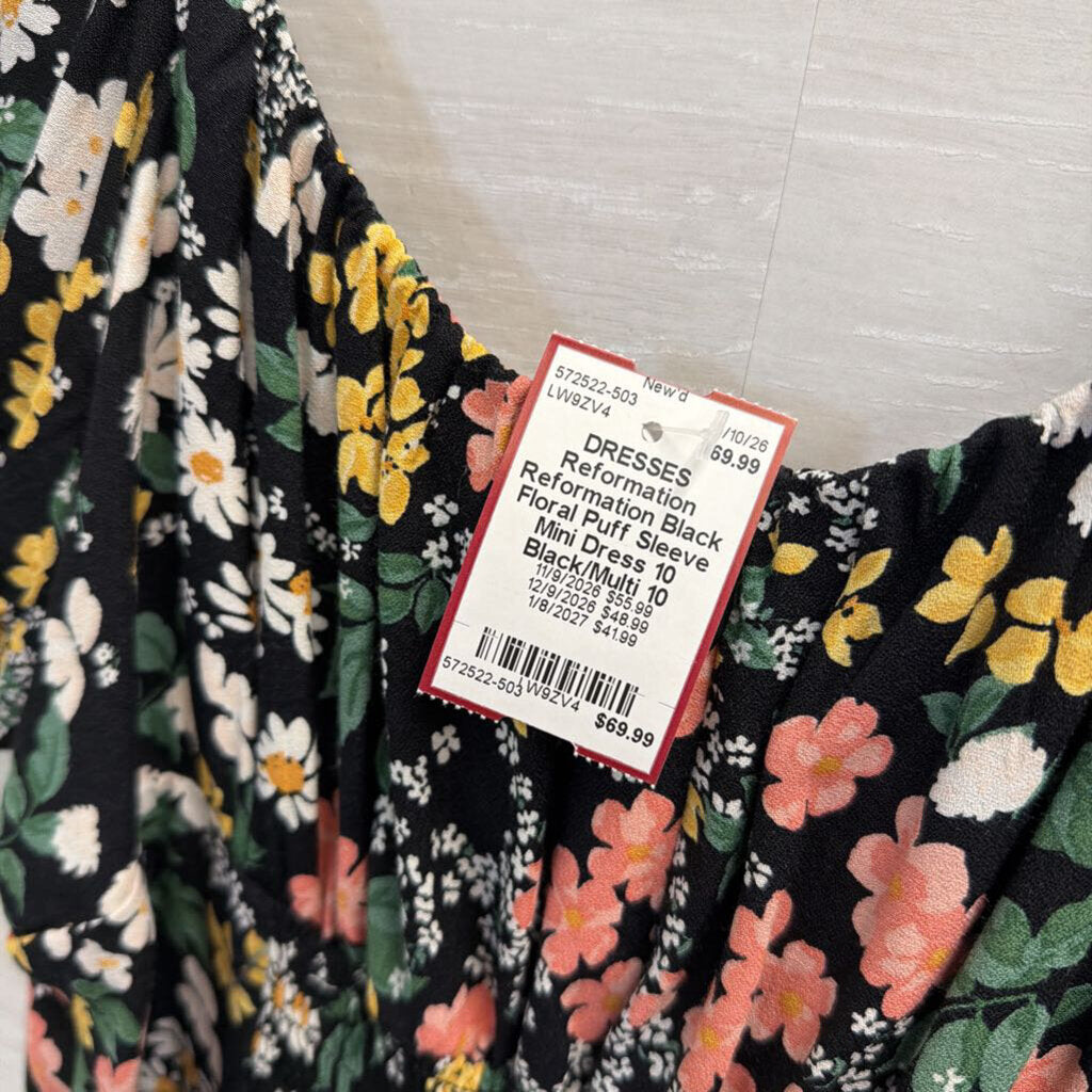 Reformation Black Floral Puff Sleeve Mini Dress 10