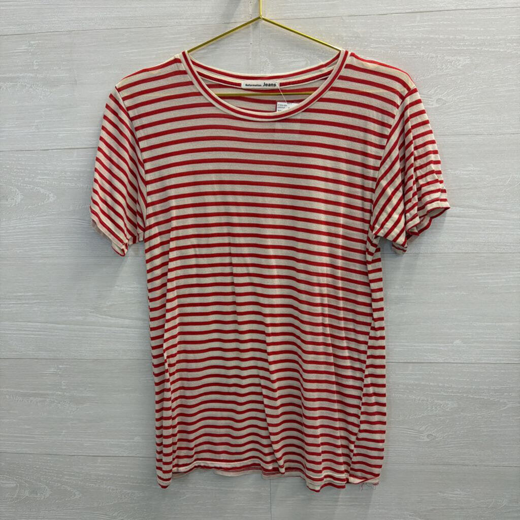 Reformation Jeans Red and Cream Striped Scoop Neck Tee Large