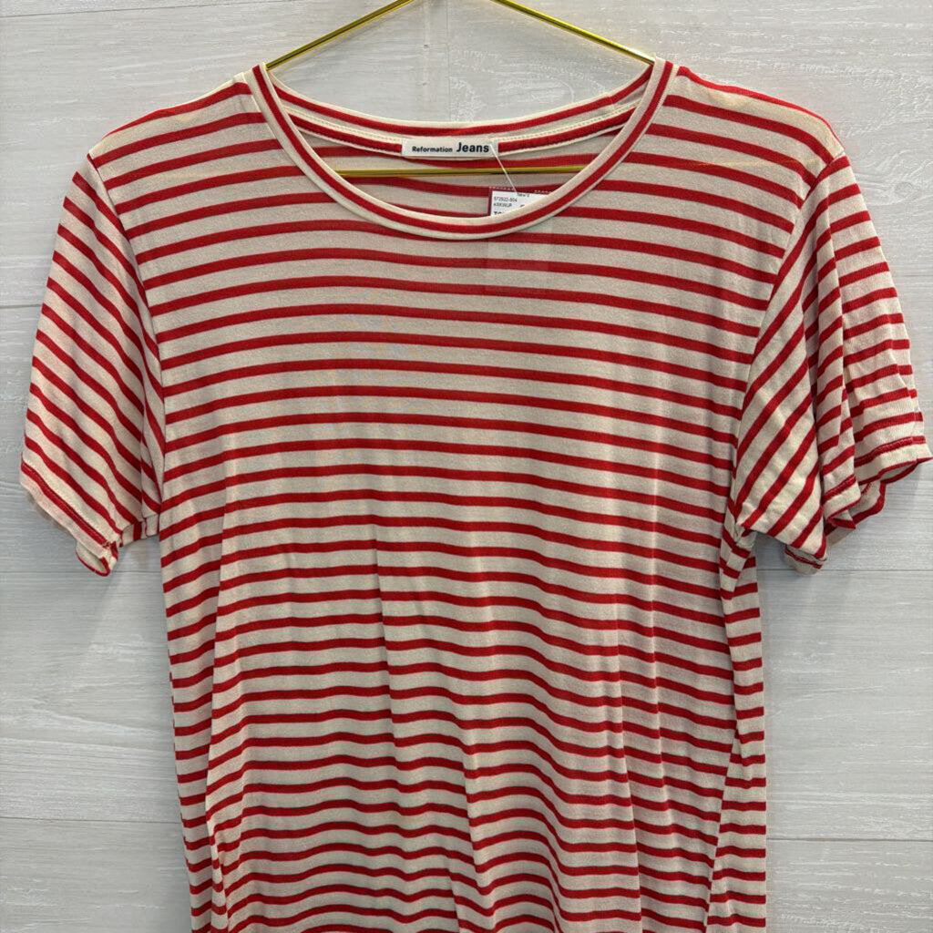 Reformation Jeans Red and Cream Striped Scoop Neck Tee Large