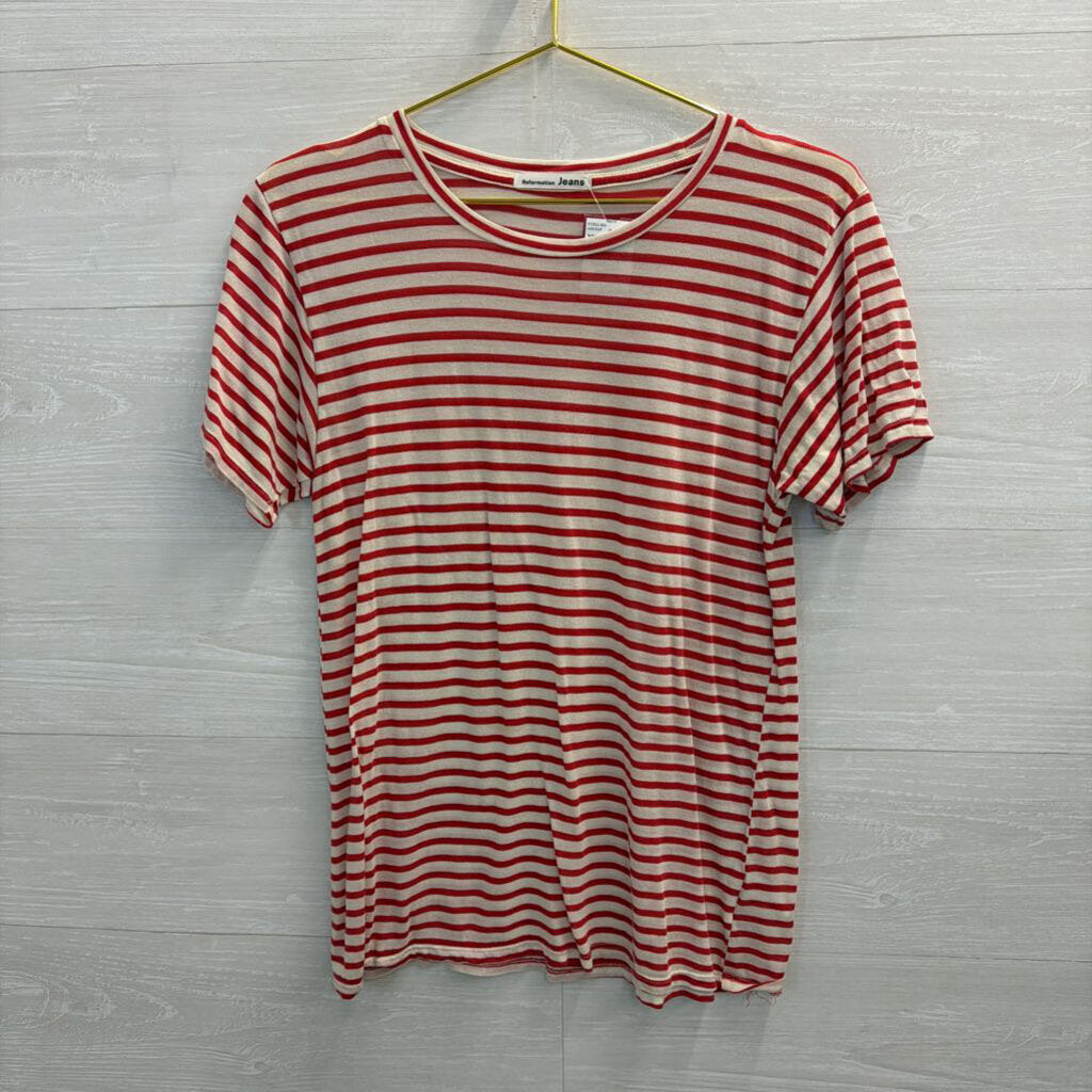 Reformation Jeans Red and Cream Striped Scoop Neck Tee Large