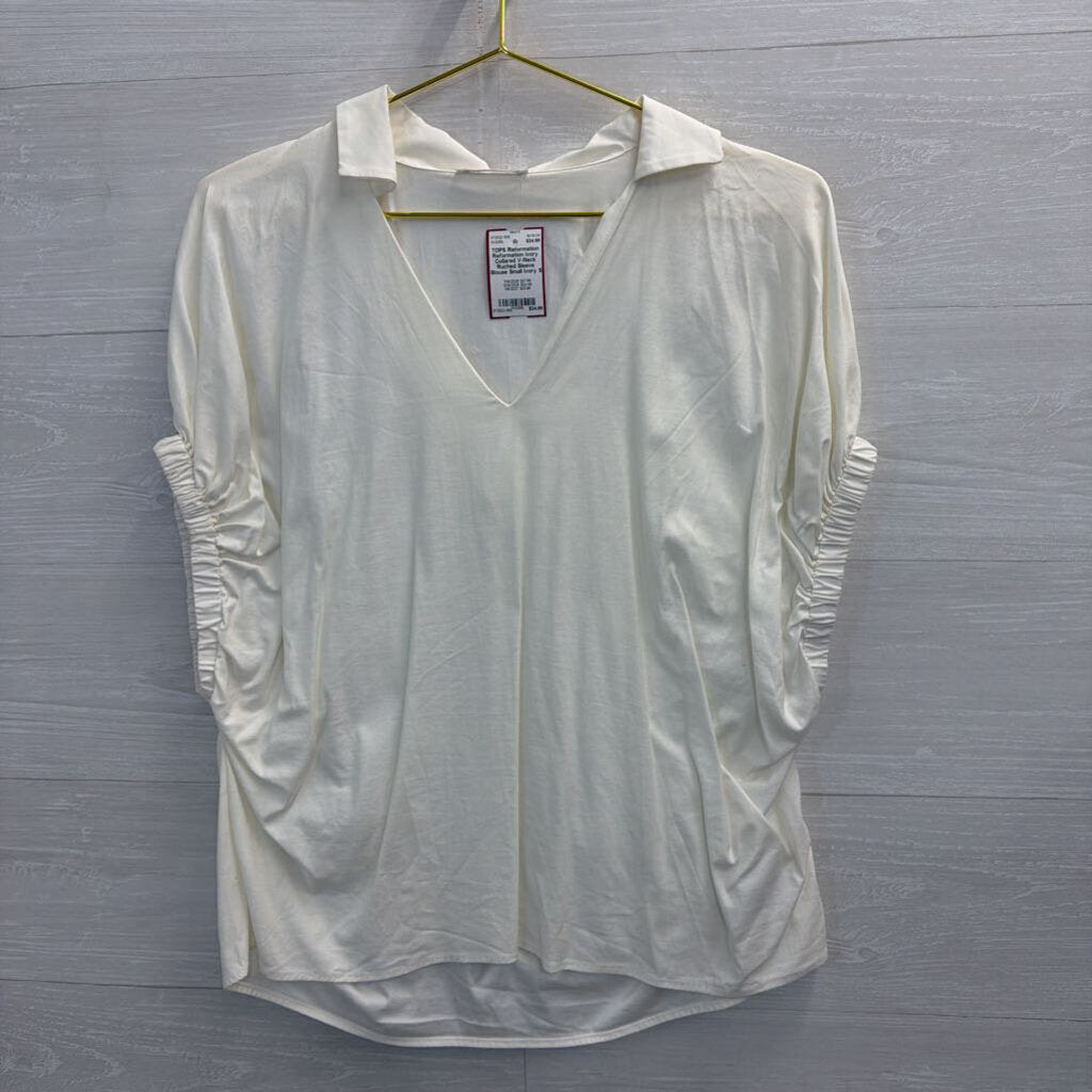 Reformation Ivory Collared V-Neck Ruched Sleeve Blouse Small