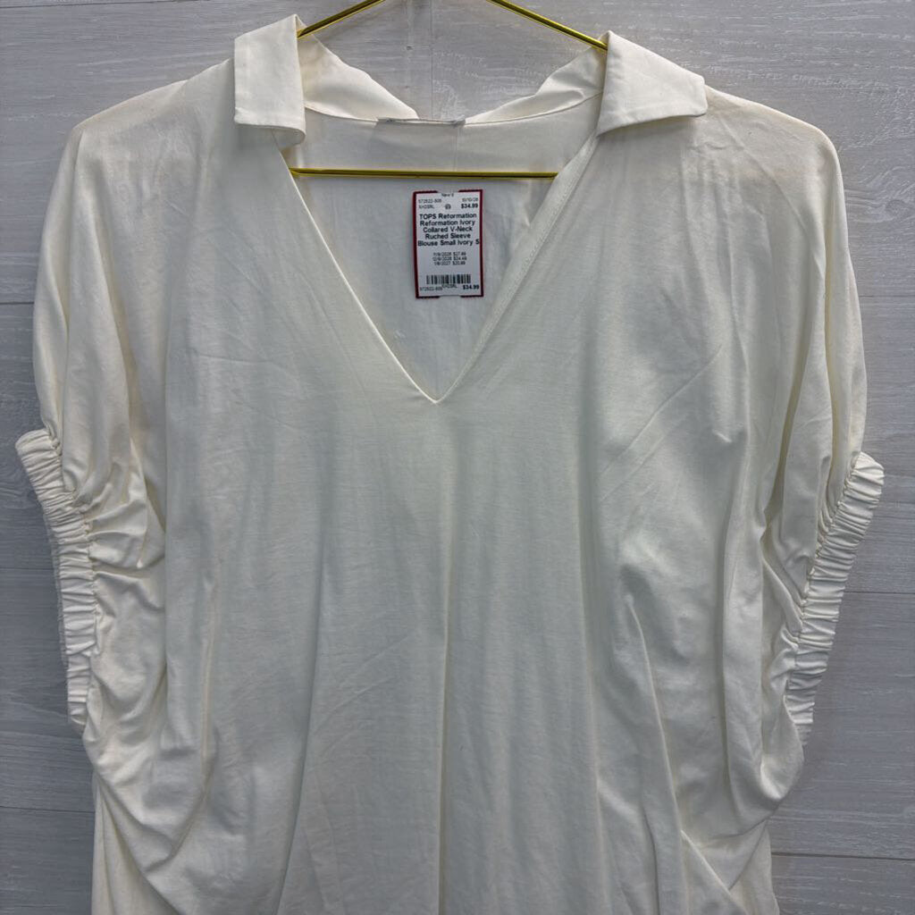 Reformation Ivory Collared V-Neck Ruched Sleeve Blouse Small
