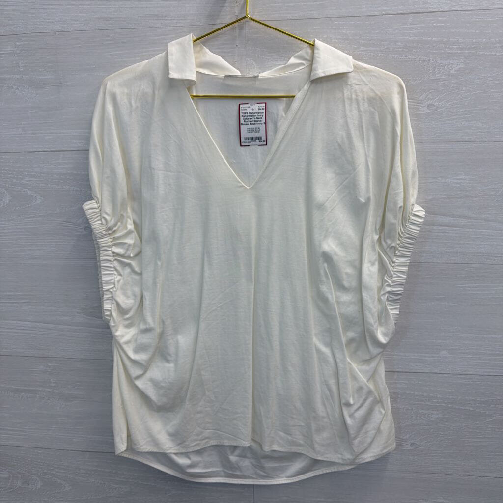 Reformation Ivory Collared V-Neck Ruched Sleeve Blouse Small