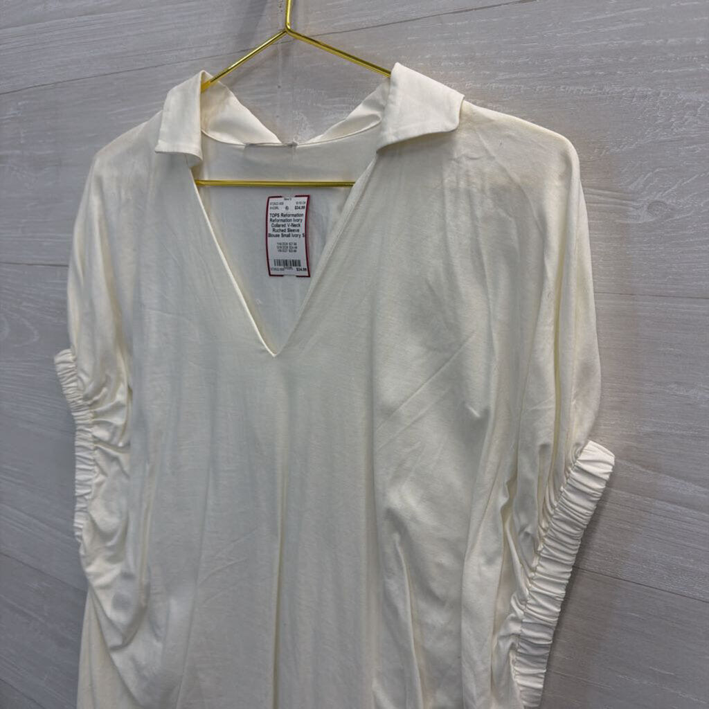 Reformation Ivory Collared V-Neck Ruched Sleeve Blouse Small