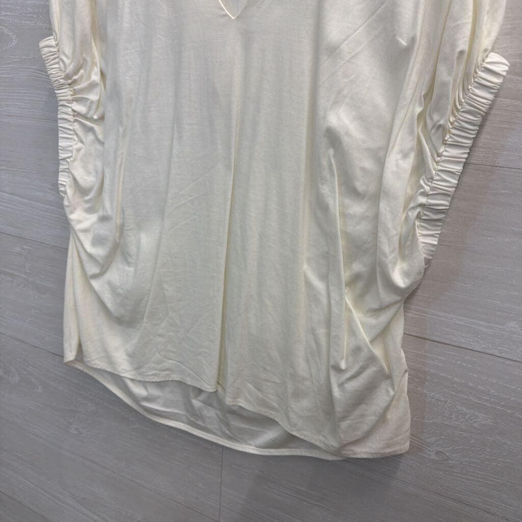 Reformation Ivory Collared V-Neck Ruched Sleeve Blouse Small