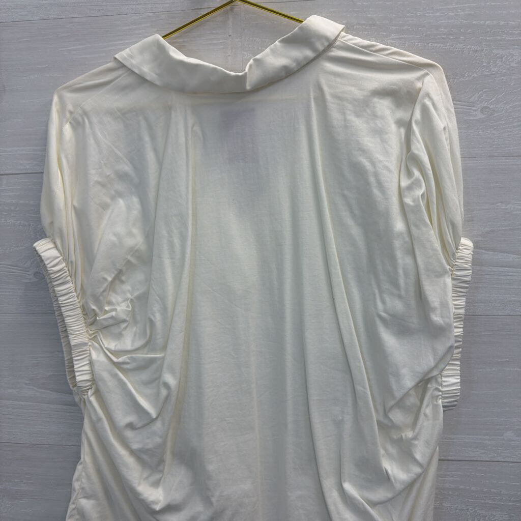 Reformation Ivory Collared V-Neck Ruched Sleeve Blouse Small
