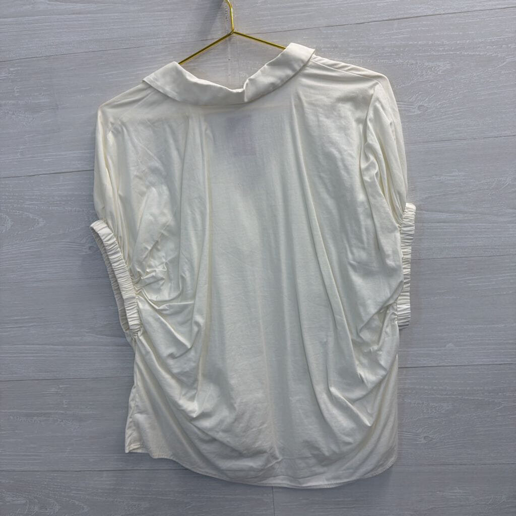 Reformation Ivory Collared V-Neck Ruched Sleeve Blouse Small