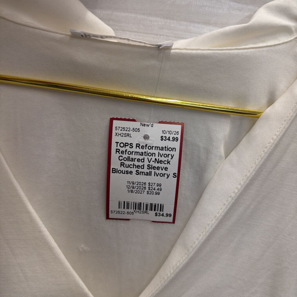 Reformation Ivory Collared V-Neck Ruched Sleeve Blouse Small