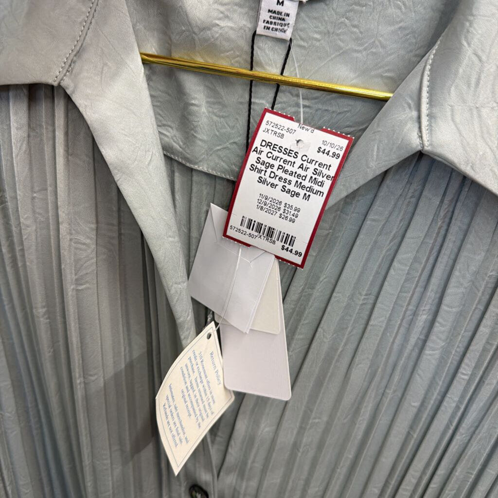 Current Air Silver Sage Pleated Midi Shirt Dress Medium