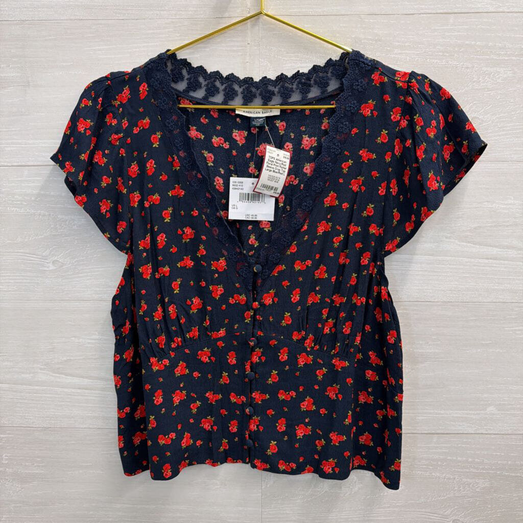 Navy/Red Floral Print Flutter Sleeve Crop Top Large