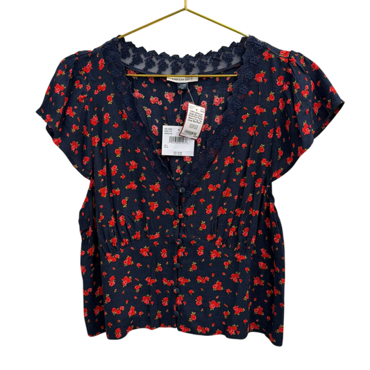 Navy/Red Floral Print Flutter Sleeve Crop Top Large
