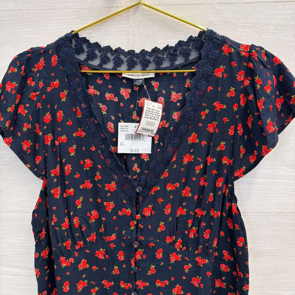 Navy/Red Floral Print Flutter Sleeve Crop Top Large