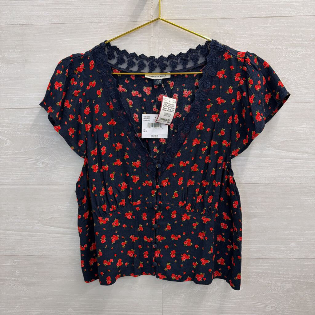 Navy/Red Floral Print Flutter Sleeve Crop Top Large