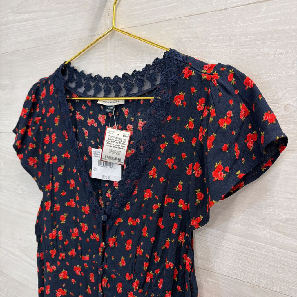 Navy/Red Floral Print Flutter Sleeve Crop Top Large