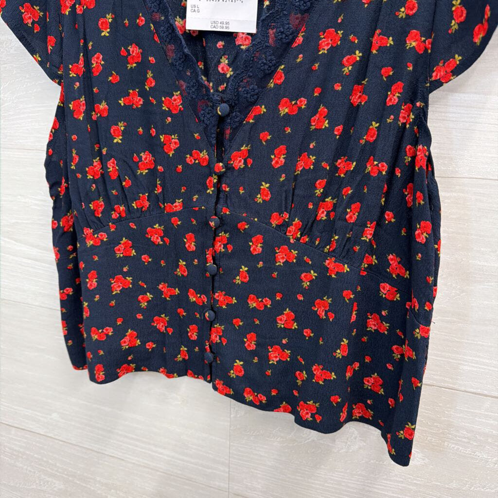 Navy/Red Floral Print Flutter Sleeve Crop Top Large