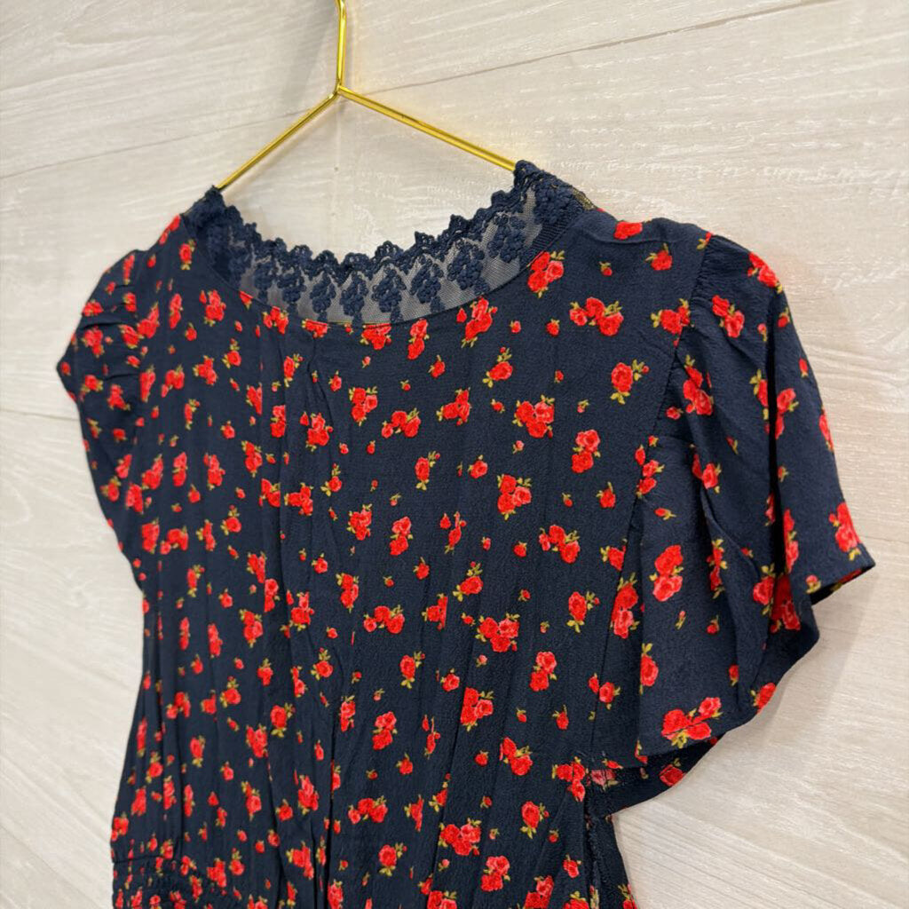 Navy/Red Floral Print Flutter Sleeve Crop Top Large