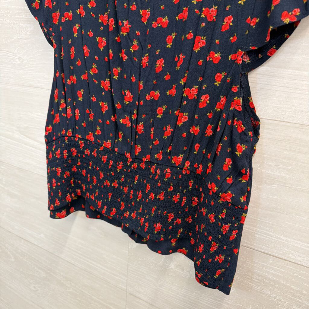 Navy/Red Floral Print Flutter Sleeve Crop Top Large