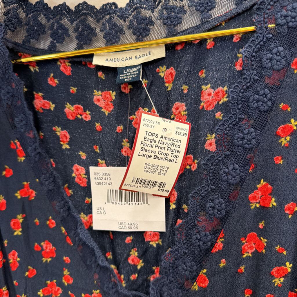 Navy/Red Floral Print Flutter Sleeve Crop Top Large