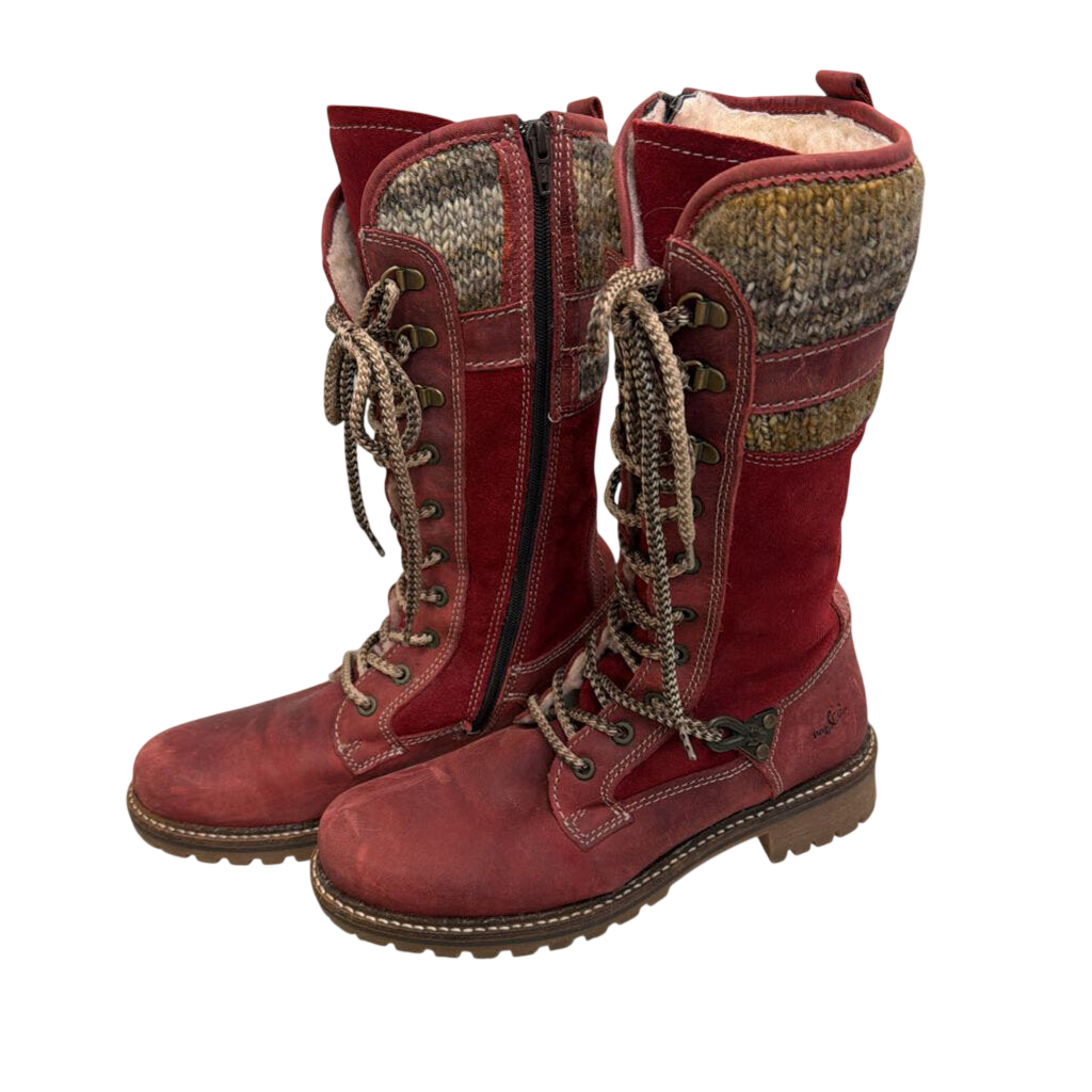 "Caird" Burgundy Knit Trim Lace Up Boots 40
